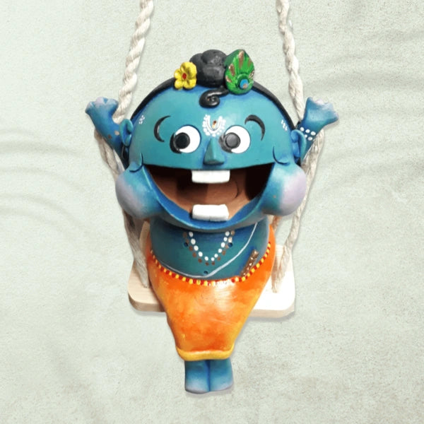 Handmade Krishna Jhoola Doll – Terracotta Lord Krishna Swing Showpiece for Home & Pooja Decor