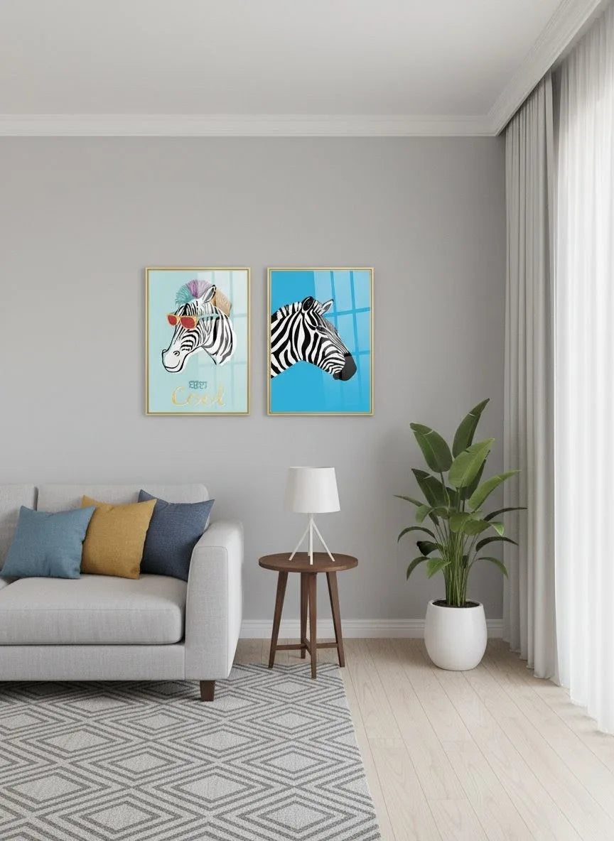 Monochromatic Majesty: Zebra Acrylic Floating Wall Painting Set of 2
