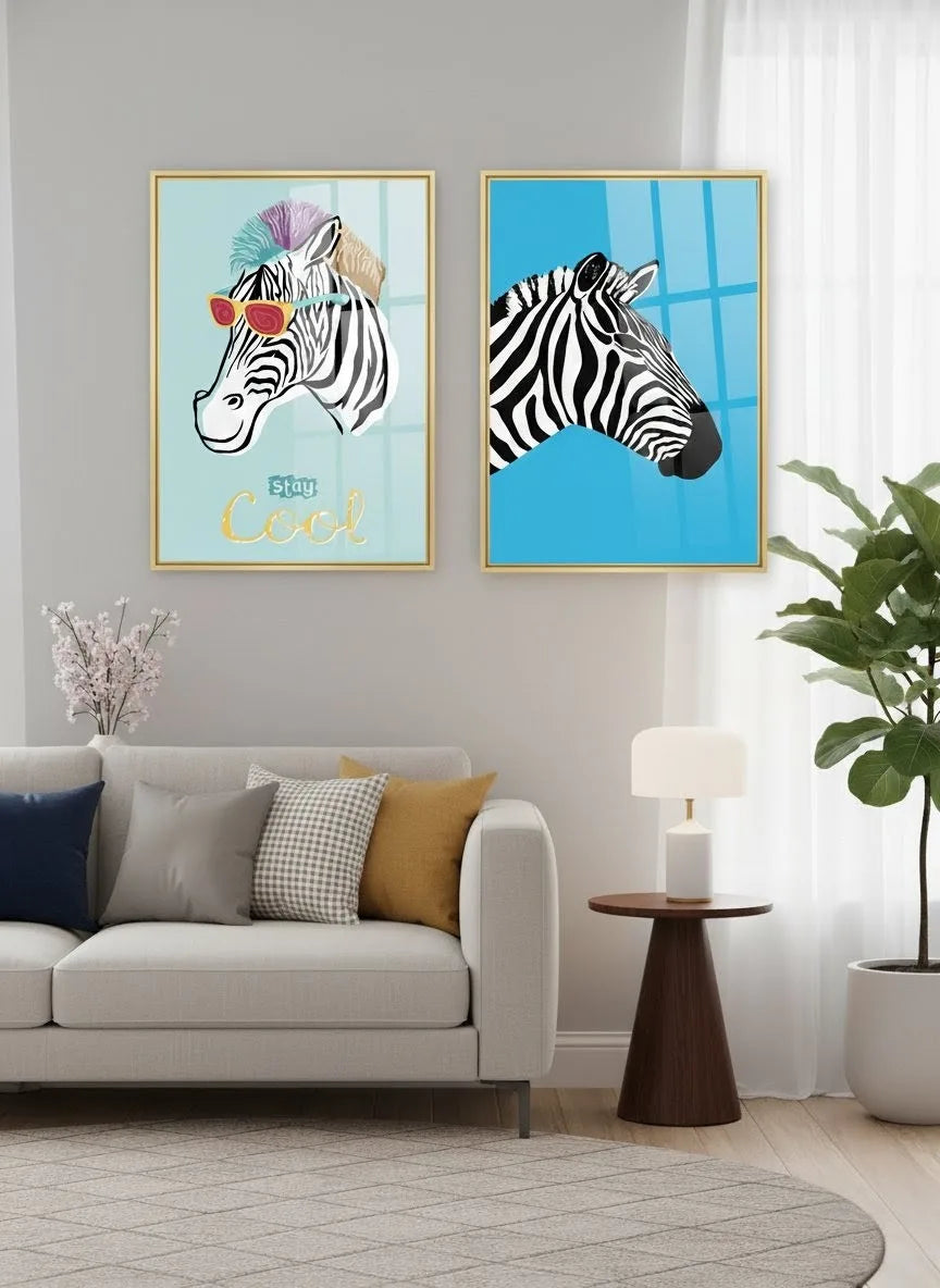 Monochromatic Majesty: Zebra Acrylic Floating Wall Painting Set of 2