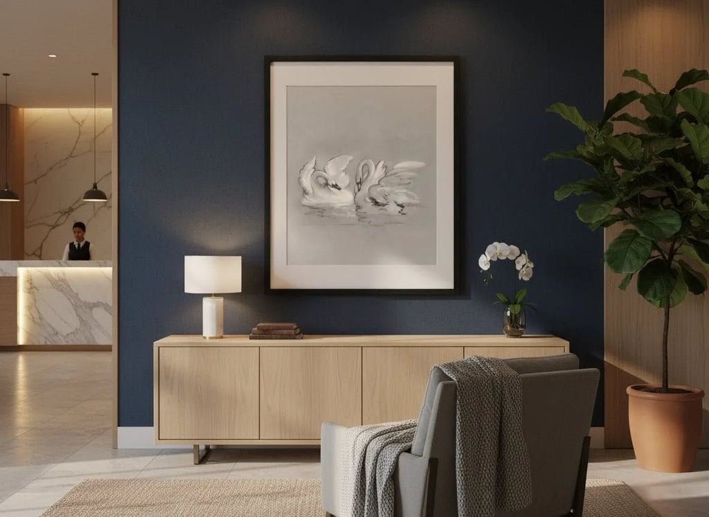 Elegant Black & White Swan Lake Framed Art Print