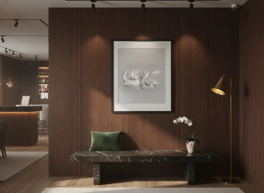 Elegant Black & White Swan Lake Framed Art Print