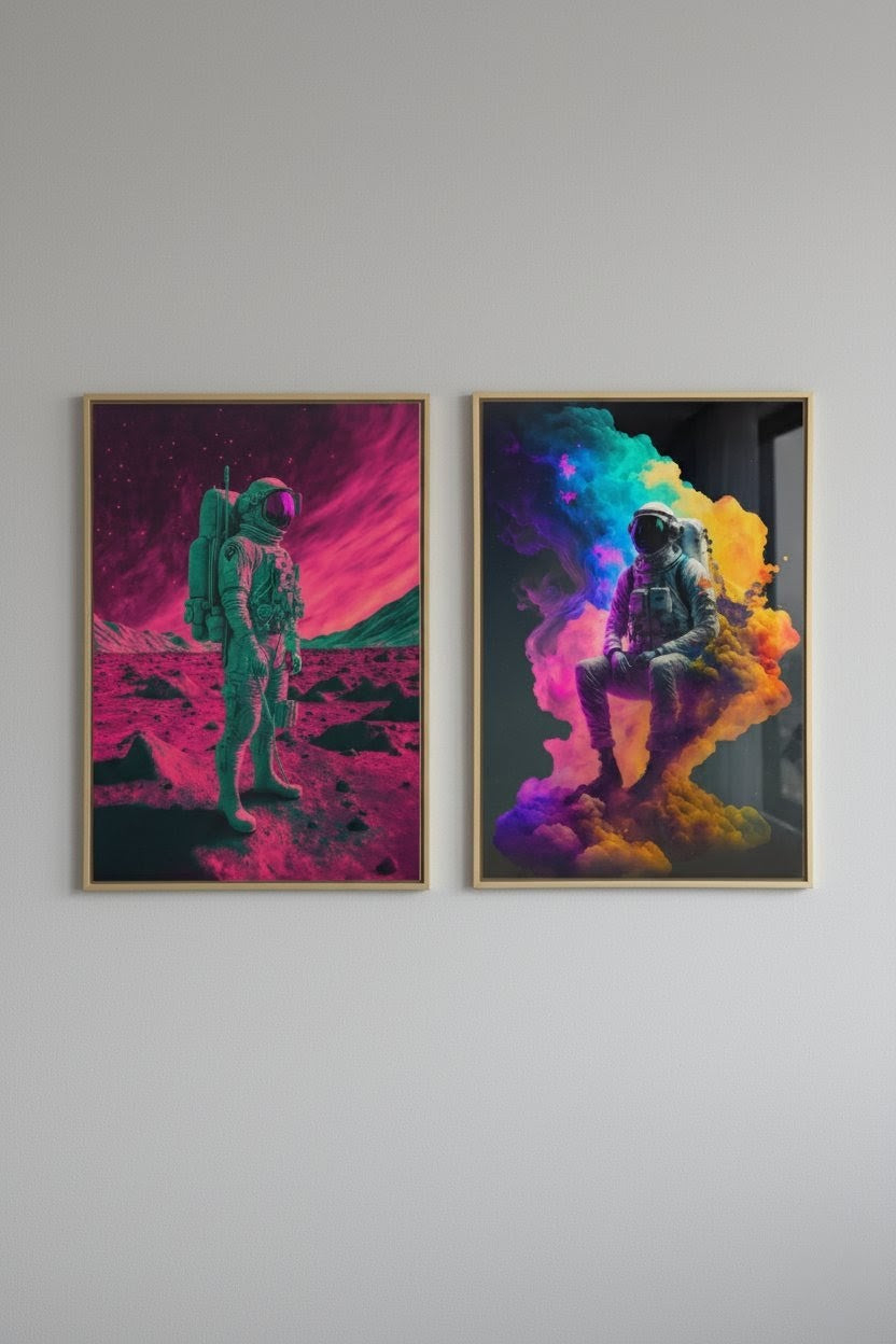 Cosmic Futurism: Neon Astronaut Acrylic Wall Art Set of 2