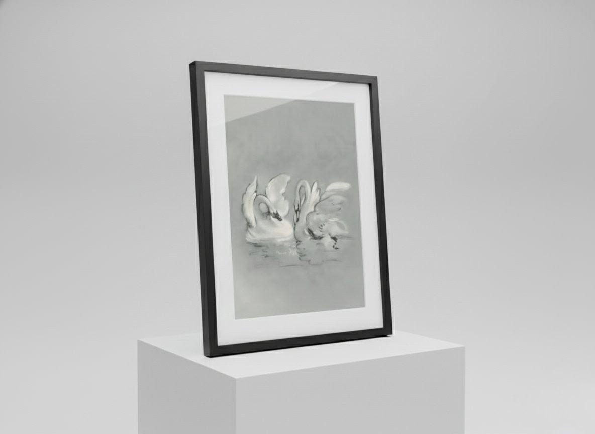 Elegant Black & White Swan Lake Framed Art Print