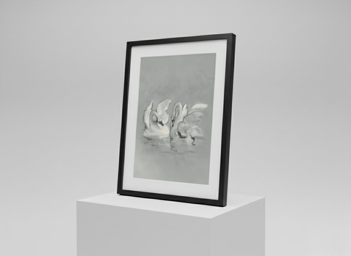 Elegant Black & White Swan Lake Framed Art Print