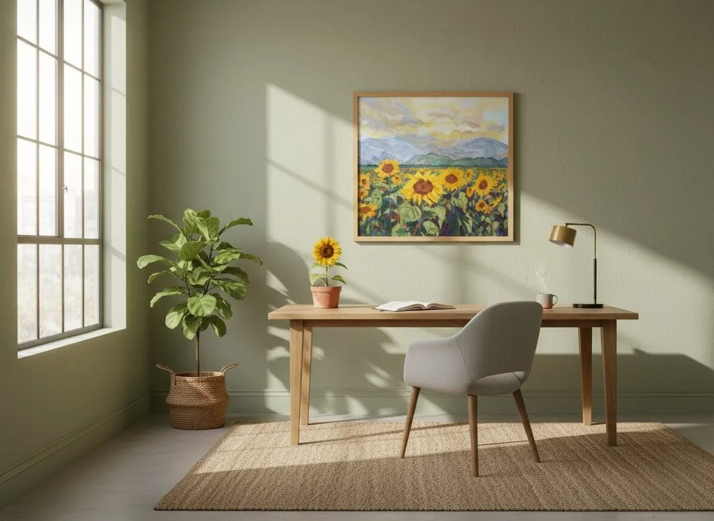 Golden Serenity: Impressionist Sunflower Field & Mountain Vista Framed Art Print