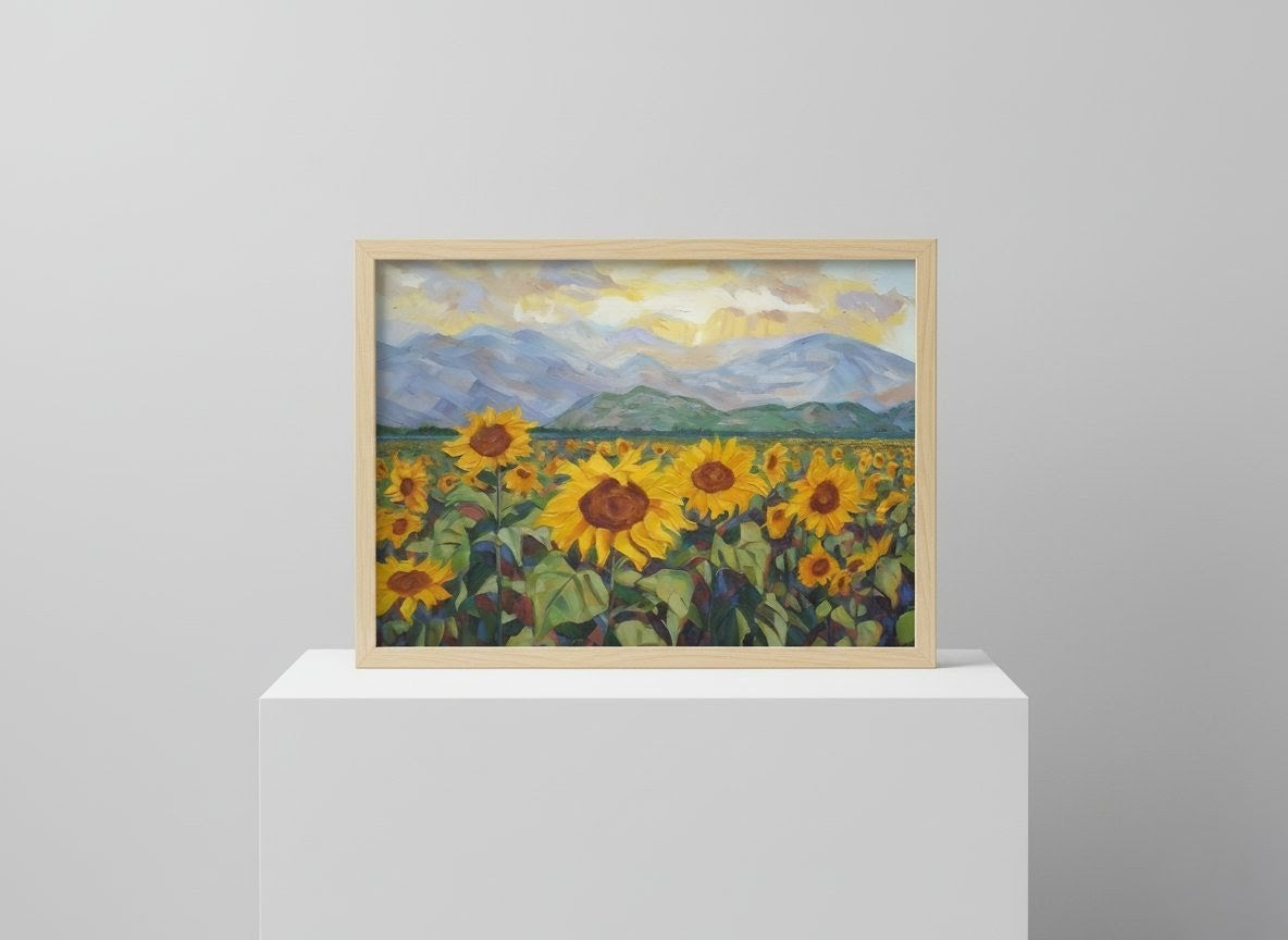 Golden Serenity: Impressionist Sunflower Field & Mountain Vista Framed Art Print