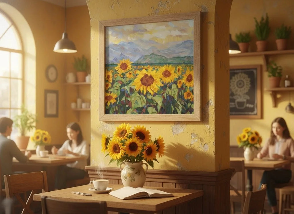 Golden Serenity: Impressionist Sunflower Field & Mountain Vista Framed Art Print