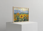 Golden Serenity: Impressionist Sunflower Field & Mountain Vista Framed Art Print