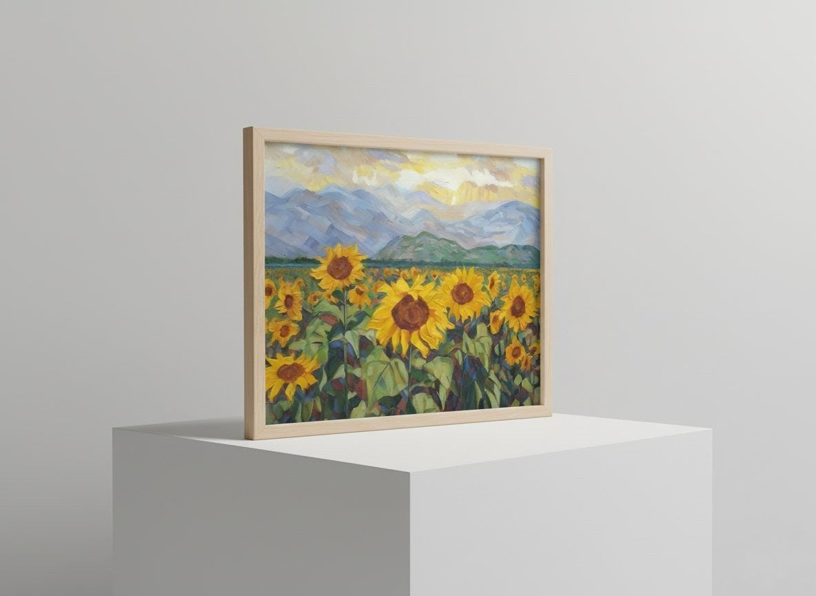 Golden Serenity: Impressionist Sunflower Field & Mountain Vista Framed Art Print