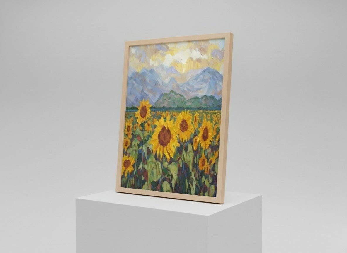 Golden Serenity: Impressionist Sunflower Field & Mountain Vista Framed Art Print