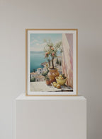 Mediterranean Balcony Lemon Tree Art Print | Coastal Vintage Painting Poster