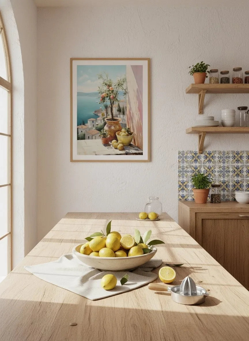 Mediterranean Balcony Lemon Tree Art Print | Coastal Vintage Painting Poster