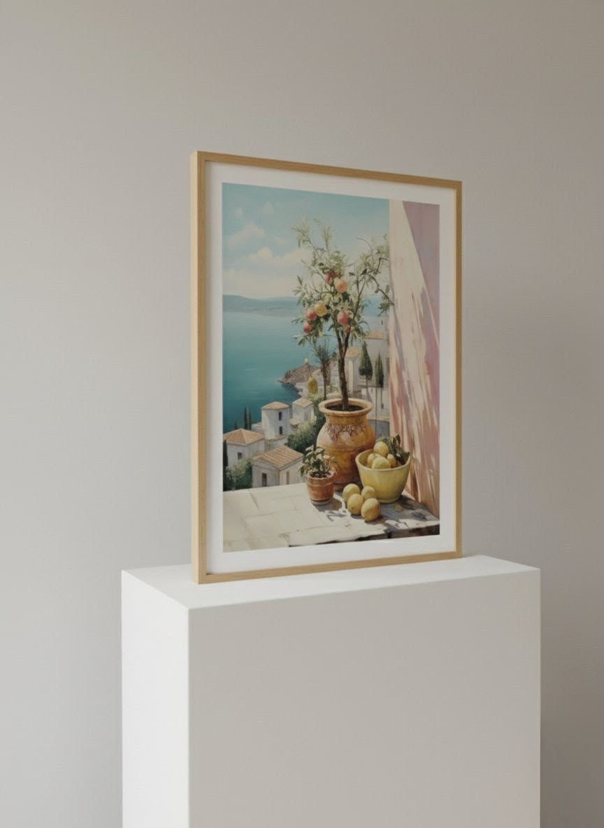 Mediterranean Balcony Lemon Tree Art Print | Coastal Vintage Painting Poster