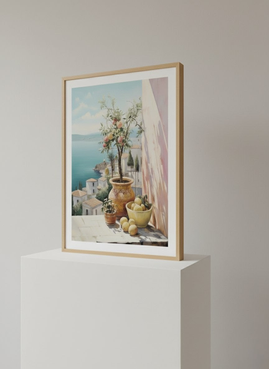 Mediterranean Balcony Lemon Tree Art Print | Coastal Vintage Painting Poster