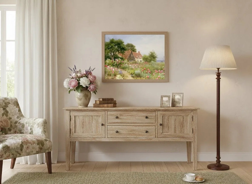 English Cottage Garden Art Print | Vintage Countryside Landscape Painting Poster