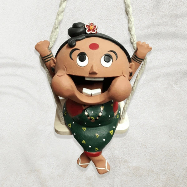 Handmade Maharashtrian Lady Jhoola Doll – Traditional Terracotta Swing Showpiece for Home Decor