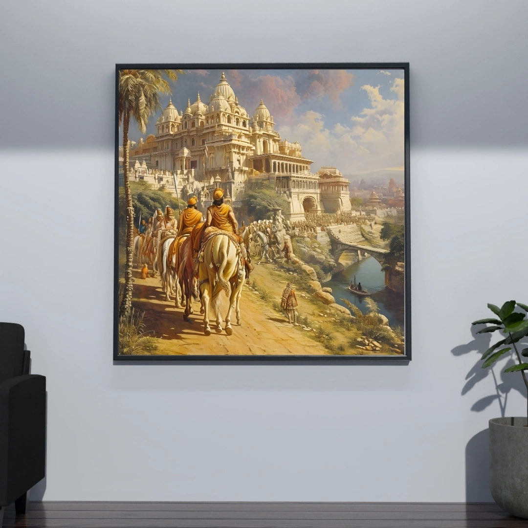 Ancient Indian Royal Procession Wall Art – 3x3 ft Historical Palace Canvas | Epic Heritage Kingdom Painting | Made in India