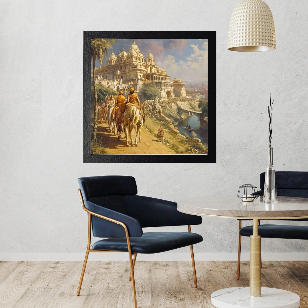 Ancient Indian Royal Procession Wall Art – 3x3 ft Historical Palace Canvas | Epic Heritage Kingdom Painting | Made in India