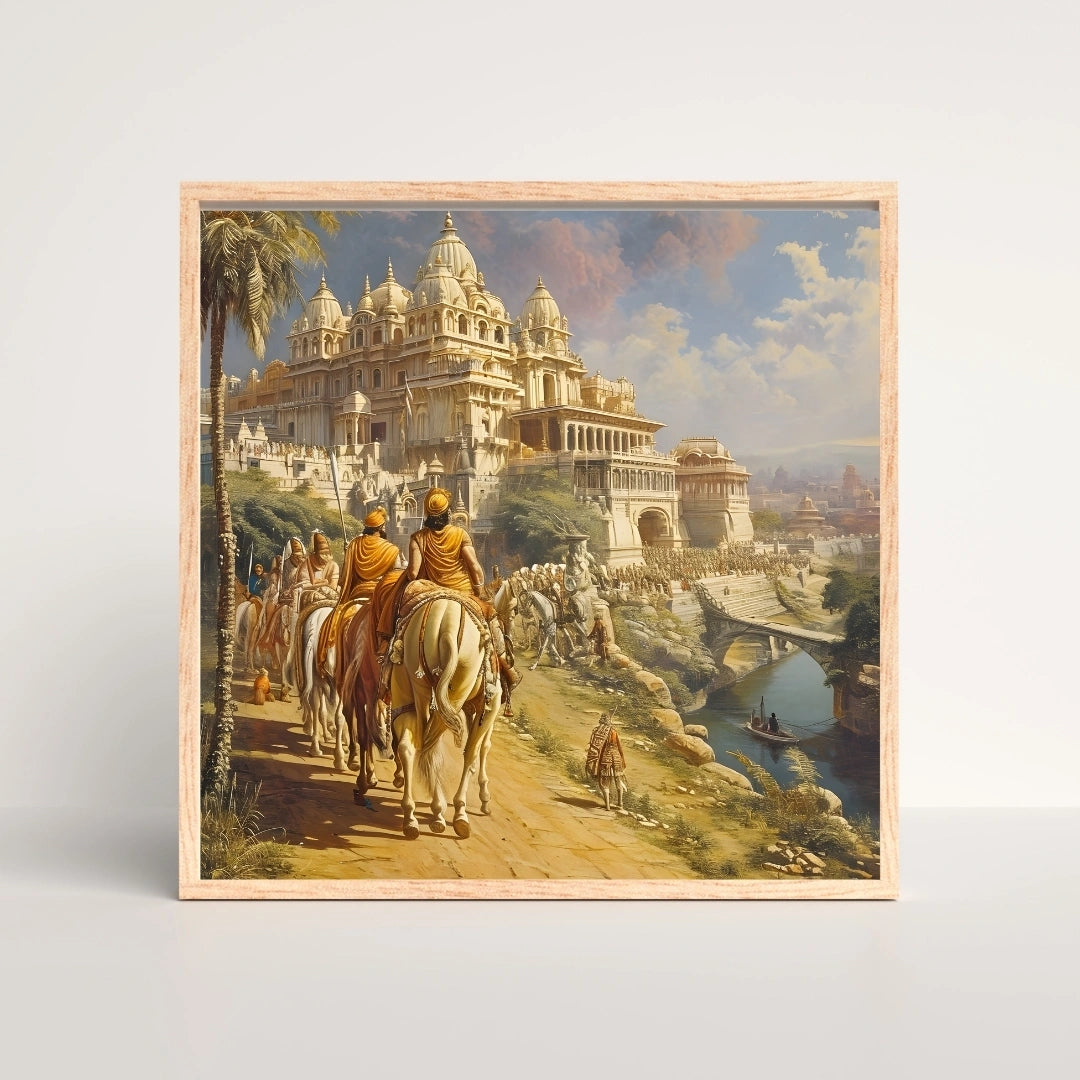 Ancient Indian Royal Procession Wall Art – 3x3 ft Historical Palace Canvas | Epic Heritage Kingdom Painting | Made in India