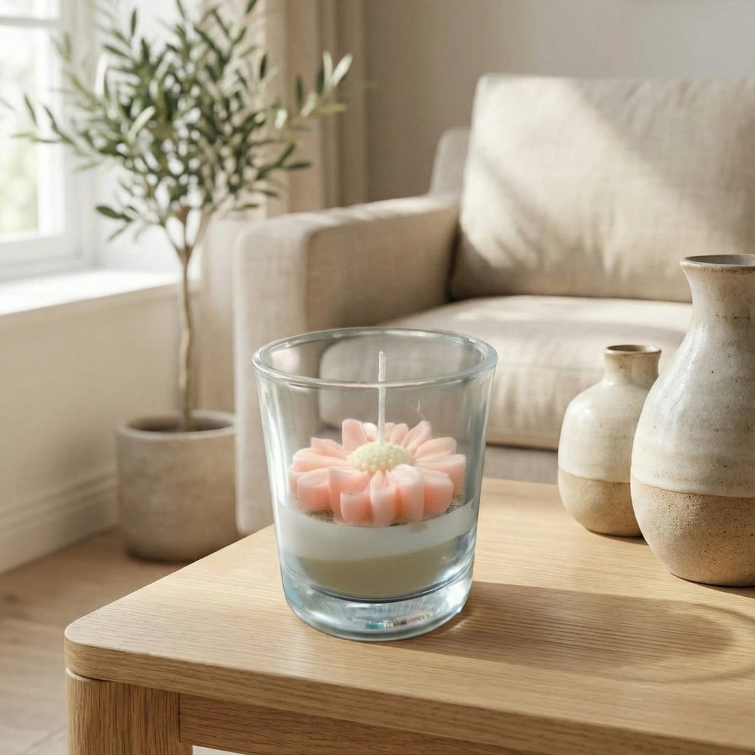 Blush Daisy Designer Glass Candle | Soy Wax Scented Candle – Achyuti Decor