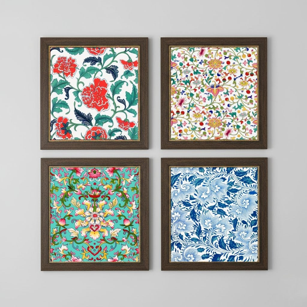 Set of 4 Chinoiserie Floral Pattern Framed Wall Art | Traditional Asian Botanical Prints