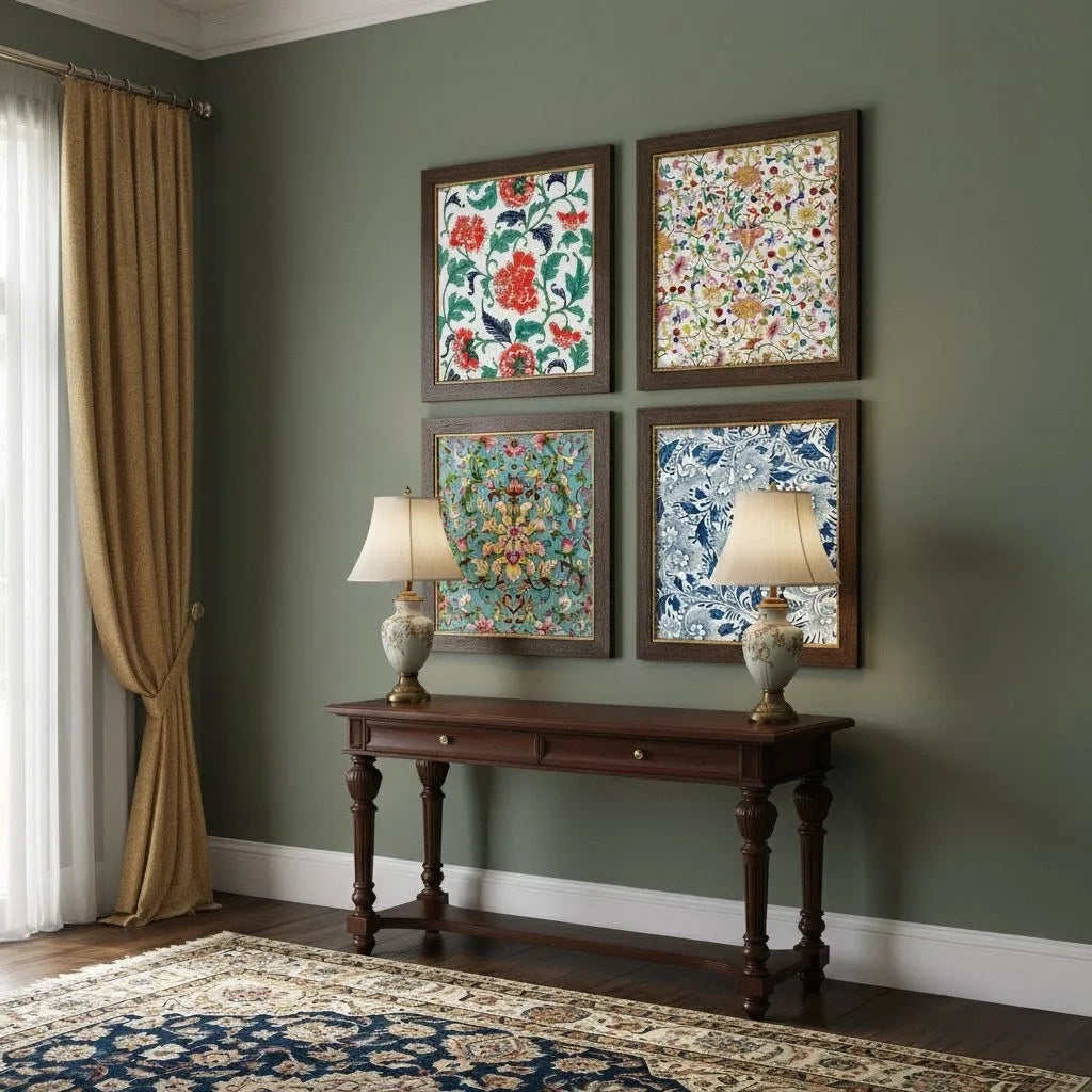 Set of 4 Chinoiserie Floral Pattern Framed Wall Art | Traditional Asian Botanical Prints