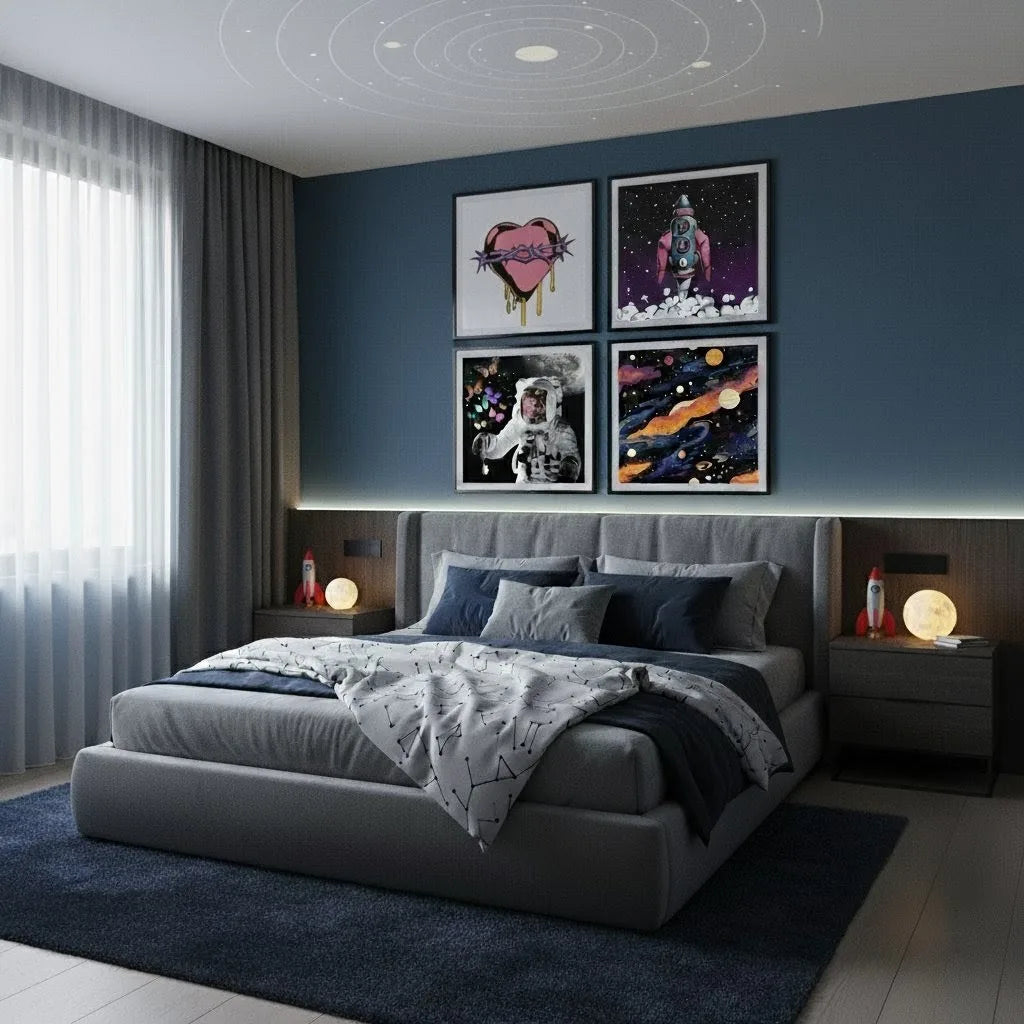 Aesthetic Space & Astronaut Wall Art Set of Four | Cosmic Galaxy Print Frames for Bedroom/Teen Decor