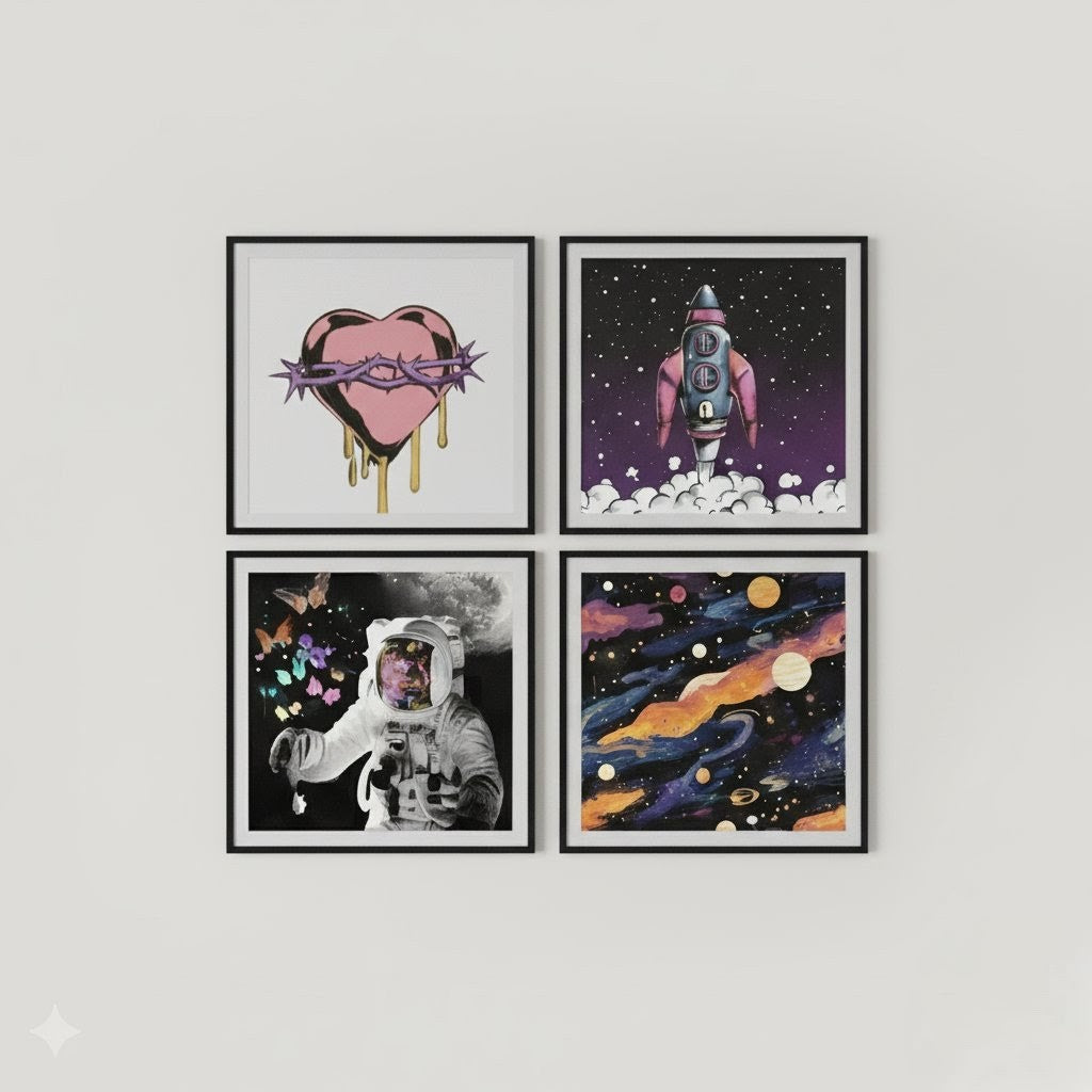 Aesthetic Space & Astronaut Wall Art Set of Four | Cosmic Galaxy Print Frames for Bedroom/Teen Decor