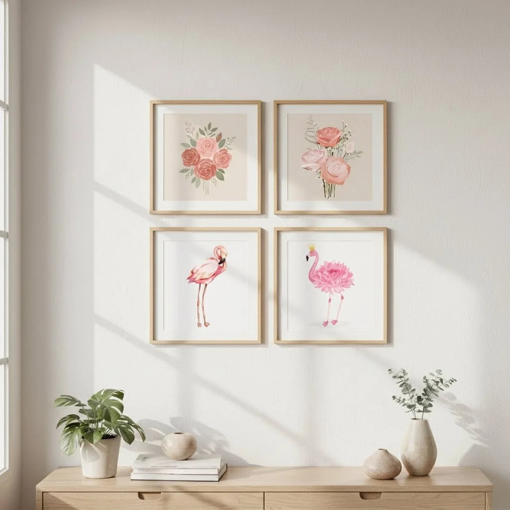 Aesthetic Floral Flamingo Art Frame Set of Four | Square Tropical Art Prints for Home Decor