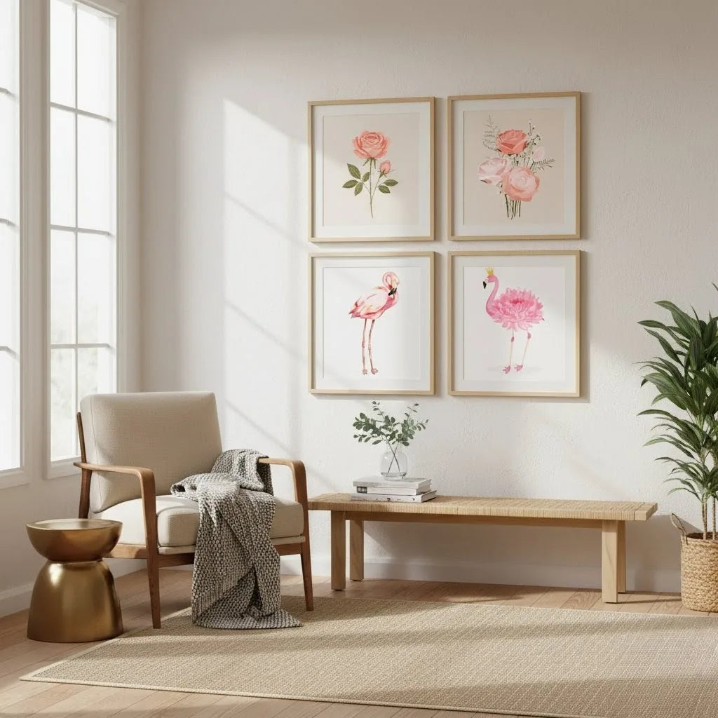 Aesthetic Floral Flamingo Art Frame Set of Four | Square Tropical Art Prints for Home Decor