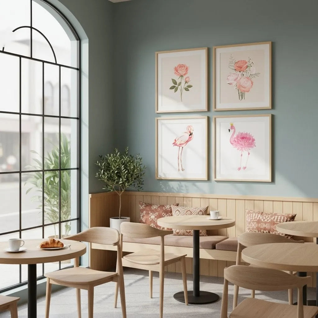 Aesthetic Floral Flamingo Art Frame Set of Four | Square Tropical Art Prints for Home Decor