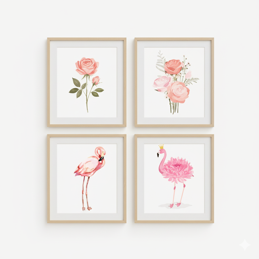 Aesthetic Floral Flamingo Art Frame Set of Four | Square Tropical Art Prints for Home Decor