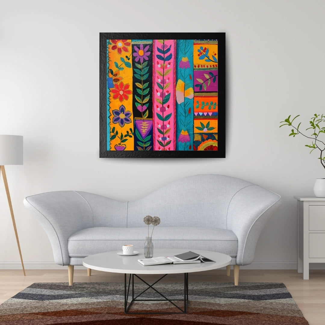 Folk Floral Pattern Wall Art – 3x3 ft Vibrant Indian Boho Canvas | Hand-Painted Style Decorative Artwork | Made in India
