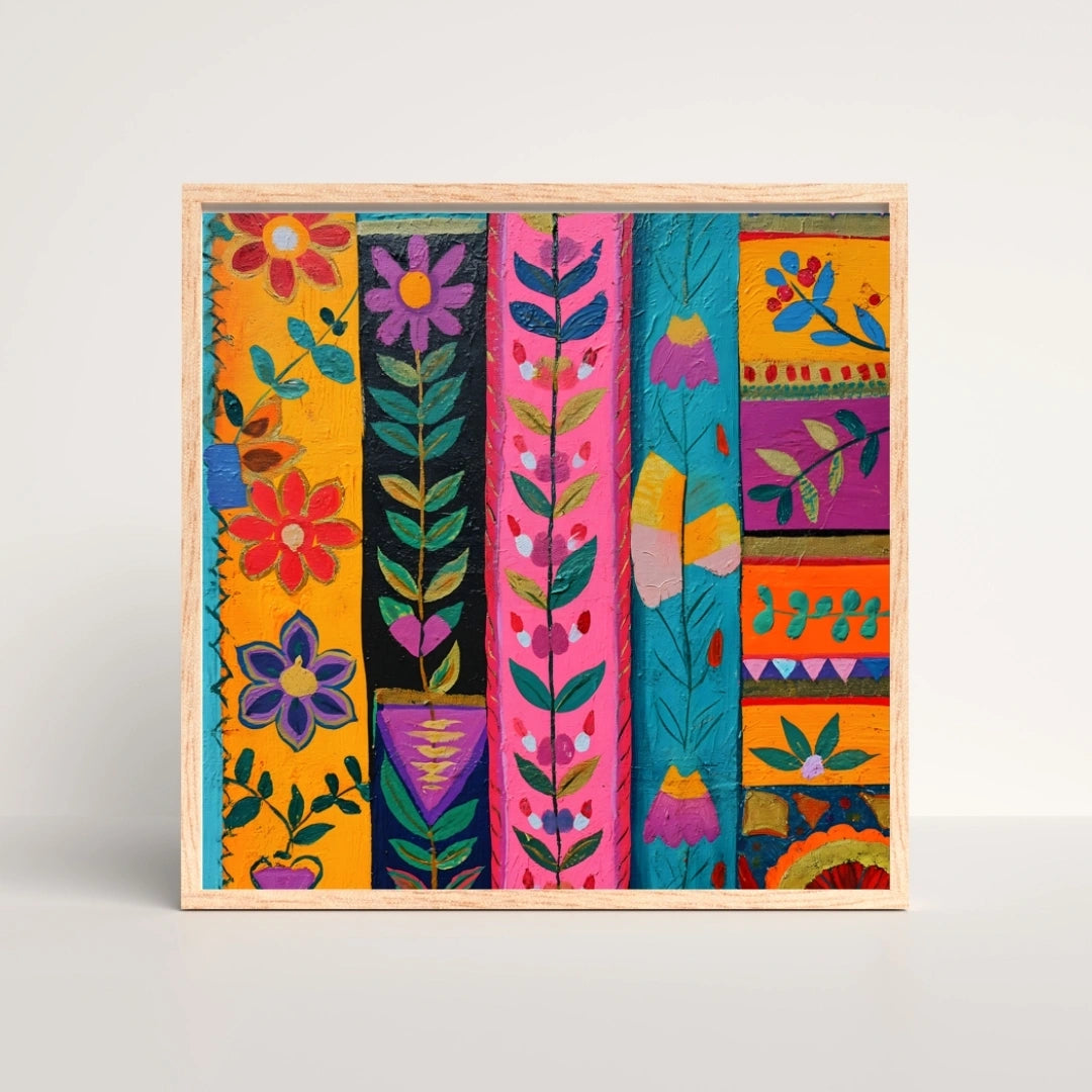 Folk Floral Pattern Wall Art – 3x3 ft Vibrant Indian Boho Canvas | Hand-Painted Style Decorative Artwork | Made in India