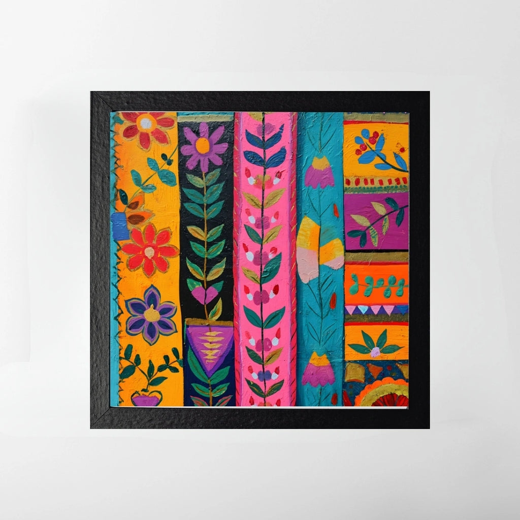 Folk Floral Pattern Wall Art – 3x3 ft Vibrant Indian Boho Canvas | Hand-Painted Style Decorative Artwork | Made in India