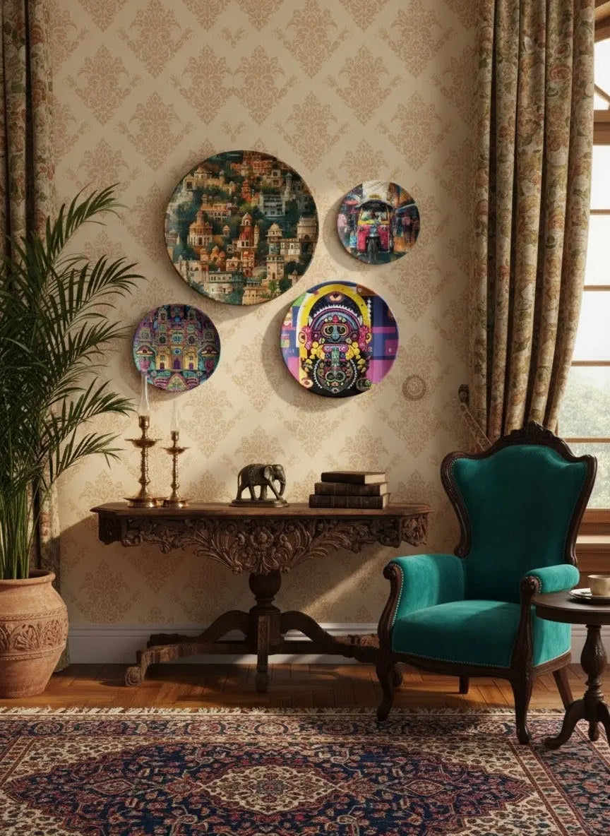 Vibrant Indian Heritage Wall Plate Painting Set of Four | Premium Decorative Circle Art