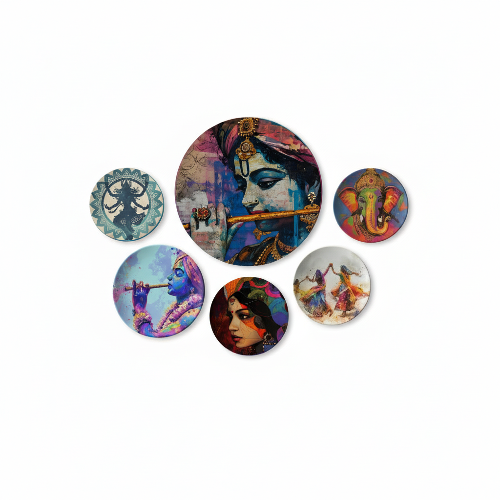Vibrant Pop Art Ganesha & Krishna Wall Plate Set of 5 | Contemporary Indian Devotional Decor