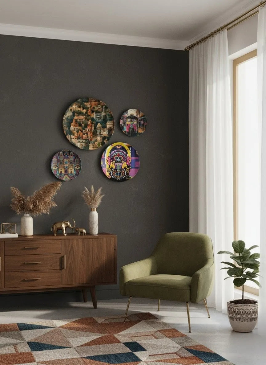 Vibrant Indian Heritage Wall Plate Painting Set of Four | Premium Decorative Circle Art