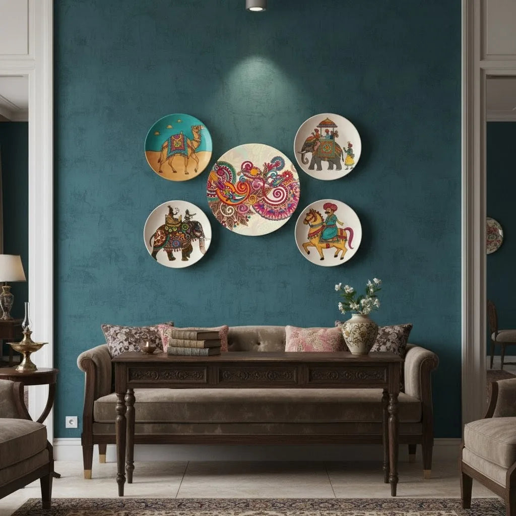 Vibrant Rajasthani Folk Art Wall Plate Set of 5 | Traditional Indian Home Decor