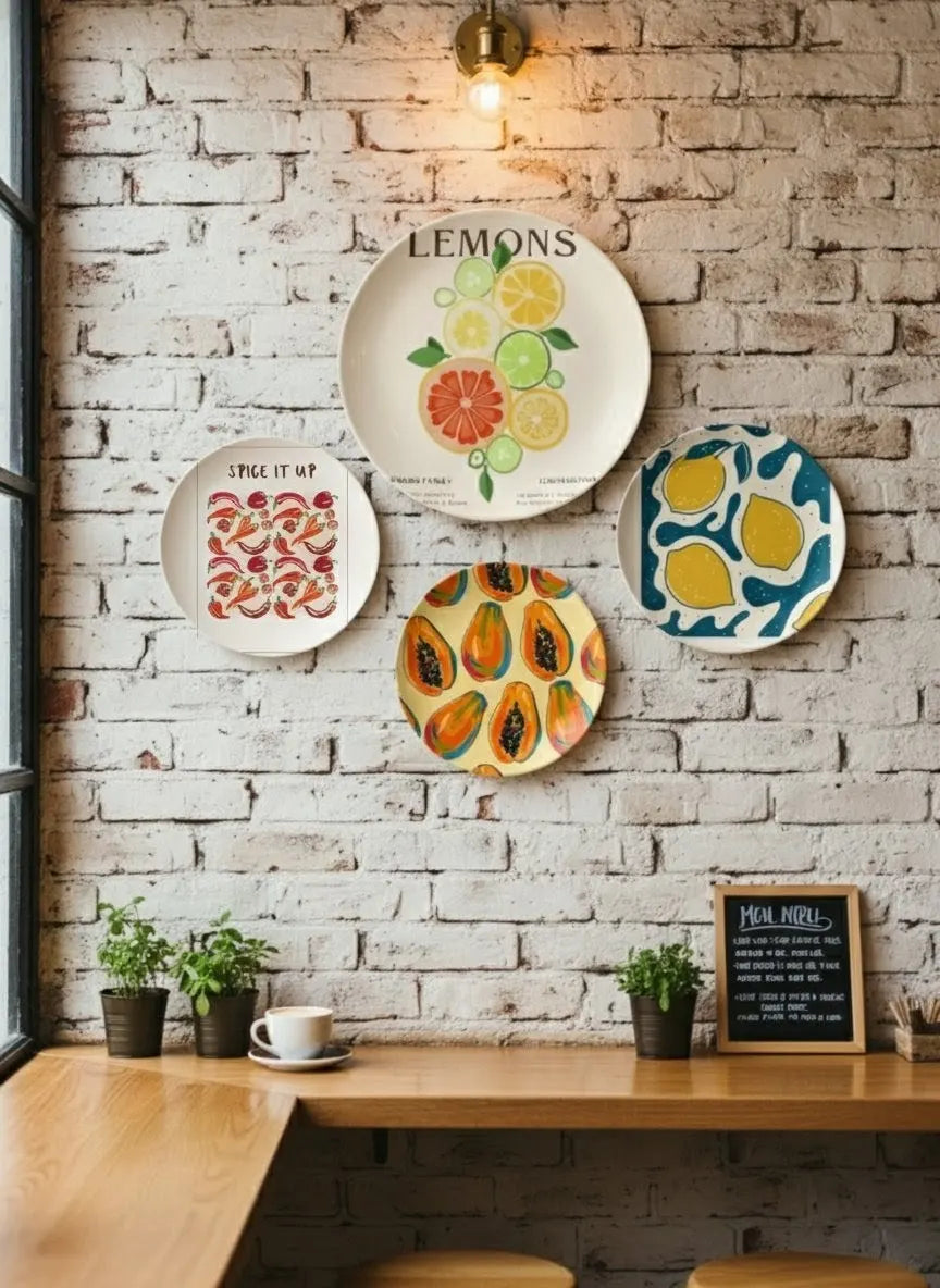 Vibrant Fruit & Spice Wall Plate Set of 4 | Modern Kitchen & Cafe Decor