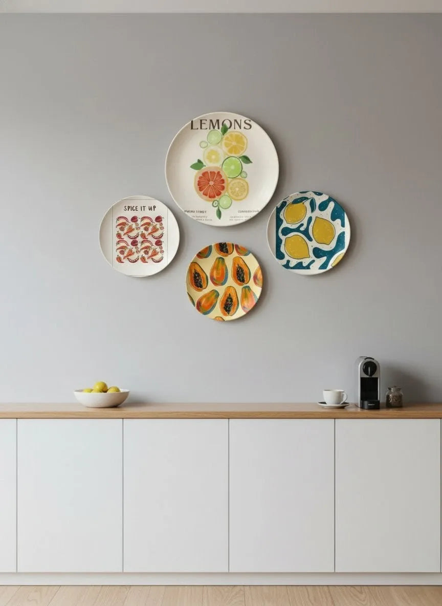 Vibrant Fruit & Spice Wall Plate Set of 4 | Modern Kitchen & Cafe Decor