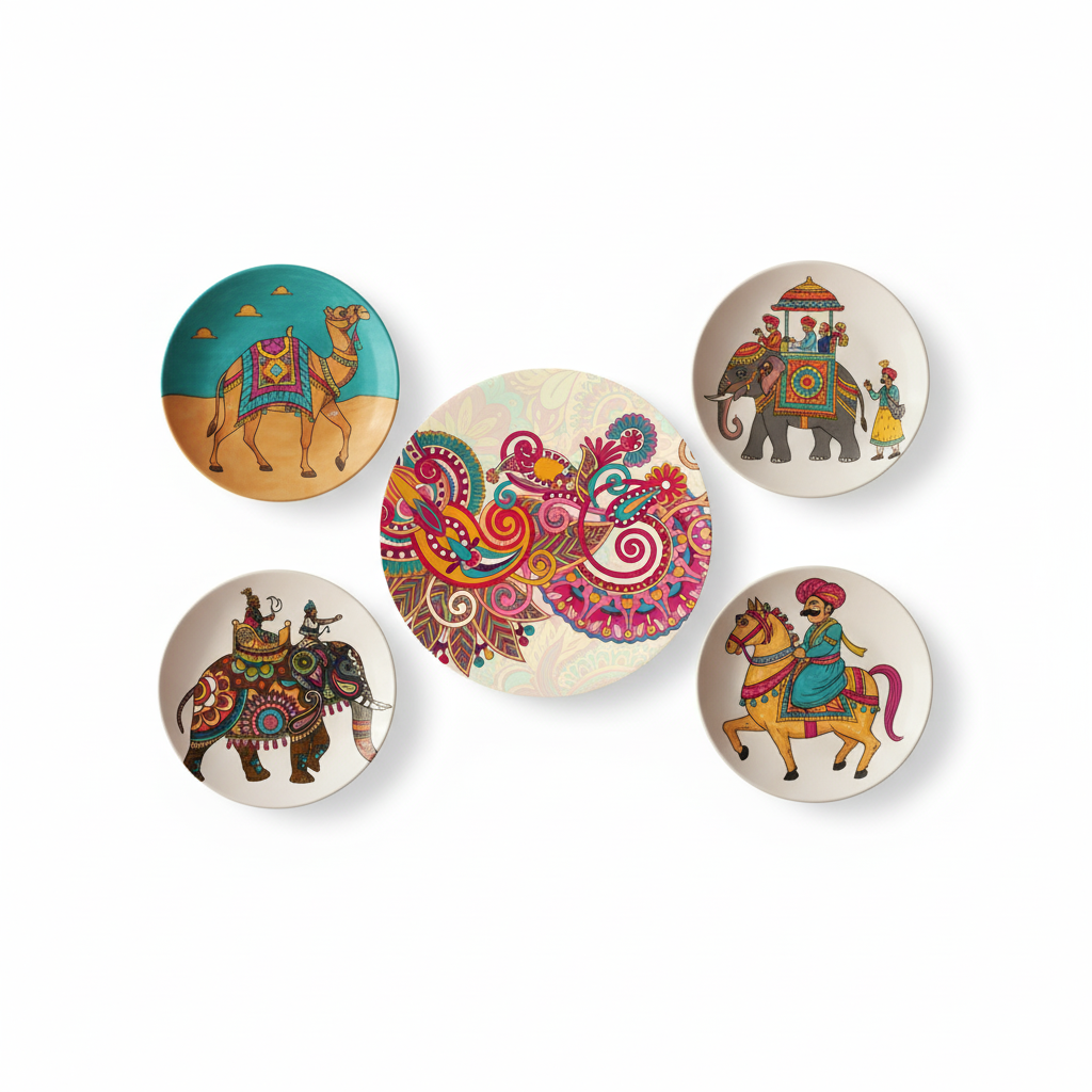 Vibrant Rajasthani Folk Art Wall Plate Set of 5 | Traditional Indian Home Decor
