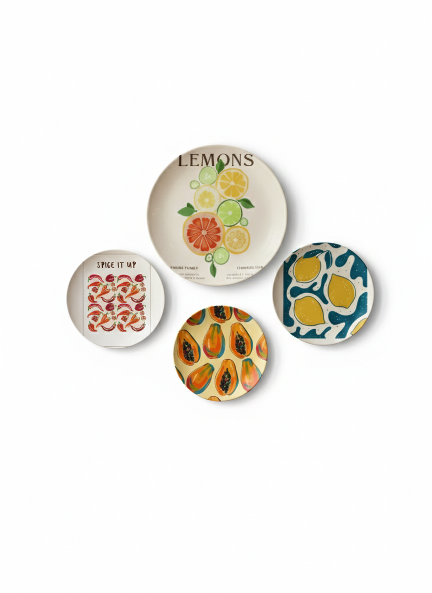 Vibrant Fruit & Spice Wall Plate Set of 4 | Modern Kitchen & Cafe Decor