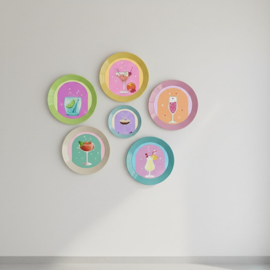 Retro Cocktail Wall Plate Decor Set of 6 | Fun Kitchen & Bar Cart Art