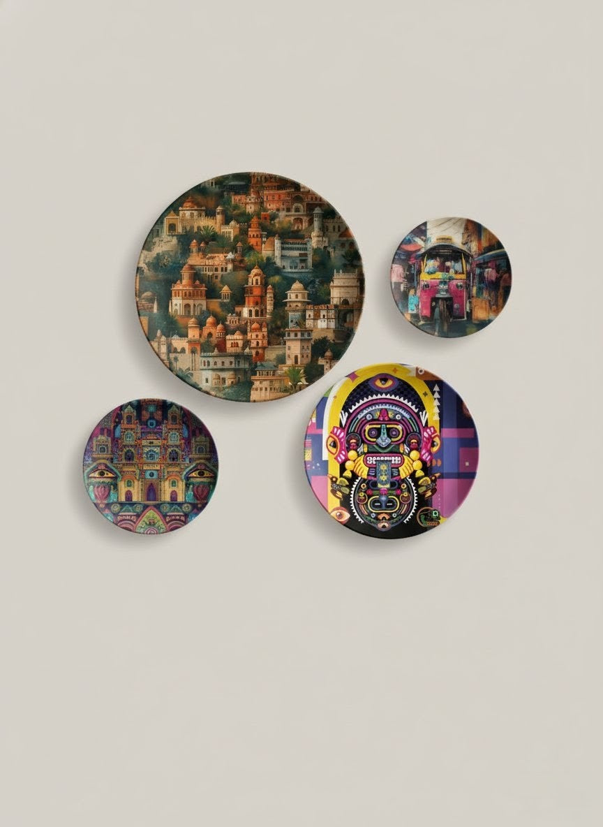 Vibrant Indian Heritage Wall Plate Painting Set of Four | Premium Decorative Circle Art