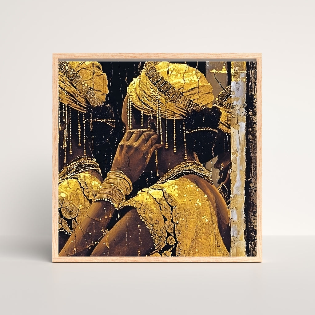 Golden Elegance Indian Woman Wall Art – 3x3 ft Luxury Canvas | Gold Textured Modern Decor | Made in India