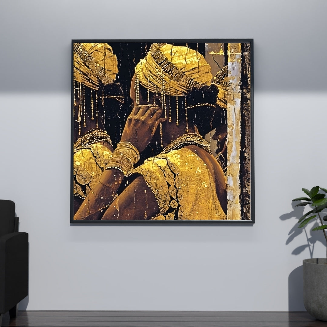 Golden Elegance Indian Woman Wall Art – 3x3 ft Luxury Canvas | Gold Textured Modern Decor | Made in India