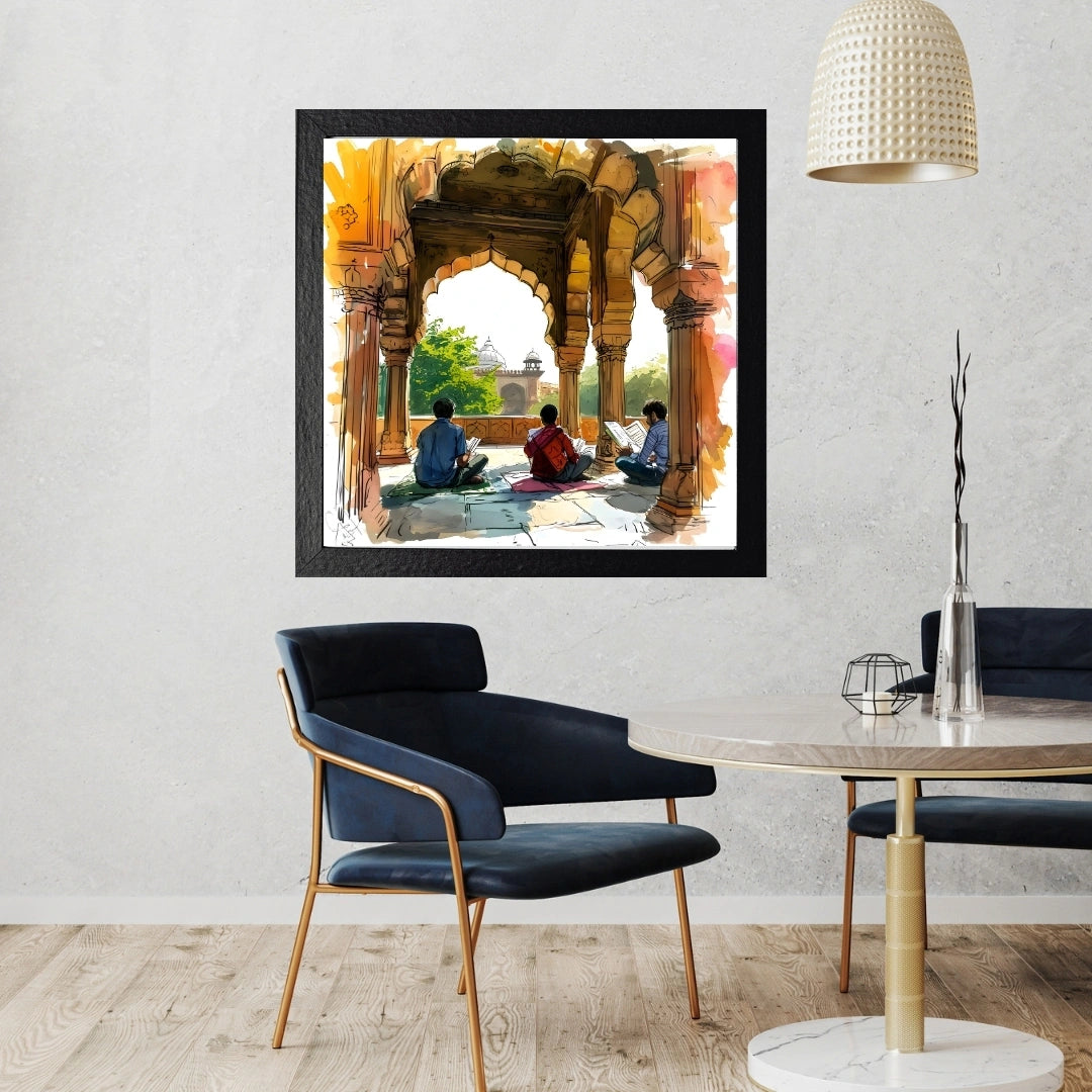 Heritage Study Scene Wall Art – 3x3 ft Indian Architecture Watercolor Canvas | Mughal Archway Artwork | Made in India