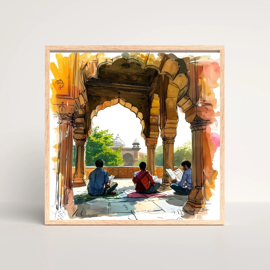 Heritage Study Scene Wall Art – 3x3 ft Indian Architecture Watercolor Canvas | Mughal Archway Artwork | Made in India