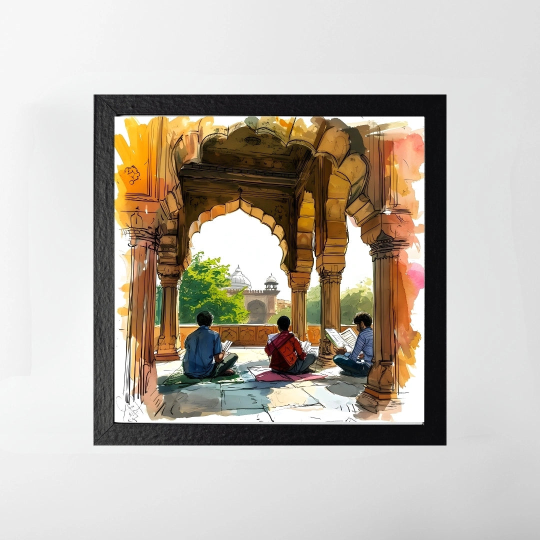 Heritage Study Scene Wall Art – 3x3 ft Indian Architecture Watercolor Canvas | Mughal Archway Artwork | Made in India